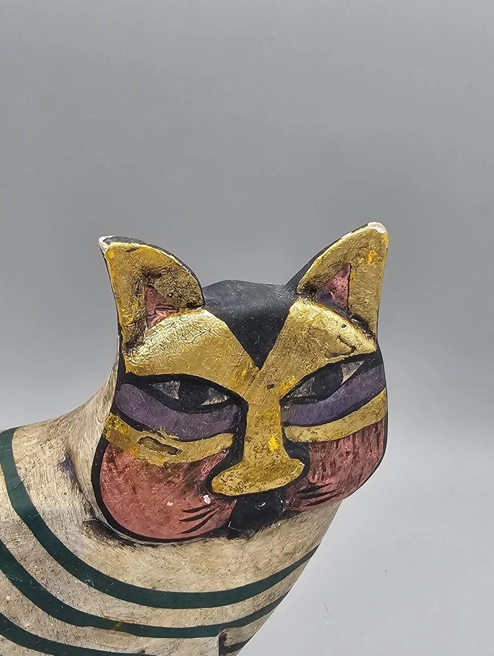 Vtg Indonesian Bali Thai Folk Art Carved Wood Cat Figurine Hand Painted Cheshire